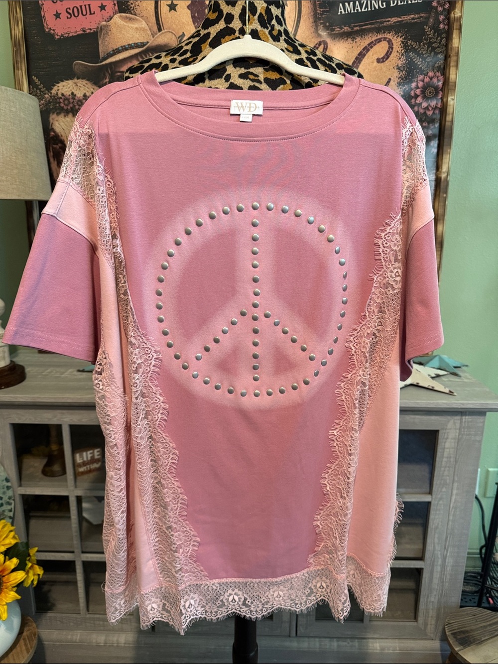Whiskey Darling Pink Studded Peace Sign Lace Trim Tee  Size L/XL